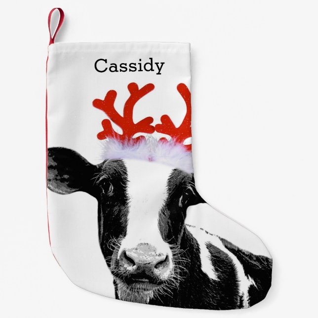 Petite Chaussette De Noël Vache mignonne à costume de renne avec le nom (Devant)