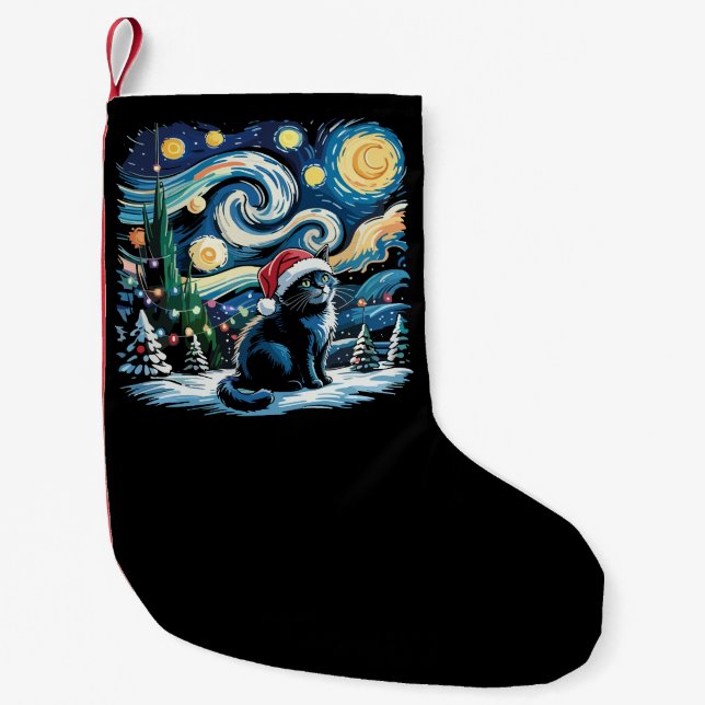 Petite Chaussette De Noël Van Gogh Starry Nuit Festive Noël Chat Noir (Devant)