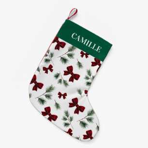 Petite Chaussette De Noël Verdure hivernale personnalisée et nœud rouge