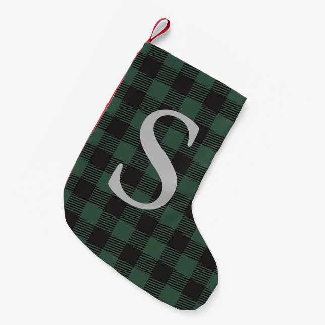 Petite Chaussette De Noël Vert Carreaux Monogrammé Classique Fêtes Rustique (Devant (Accrochage))
