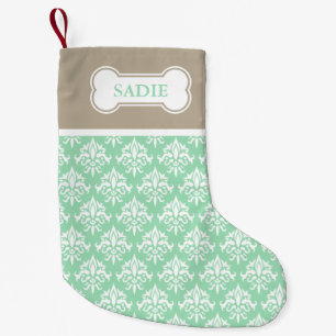 Petite Chaussette De Noël Vert Menthe Et Damassé Beige Avec Nom De L'animal 