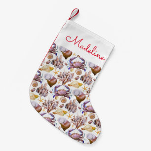 Petite Chaussette De Noël Vie maritime Watercolor  Ajouter votre nom