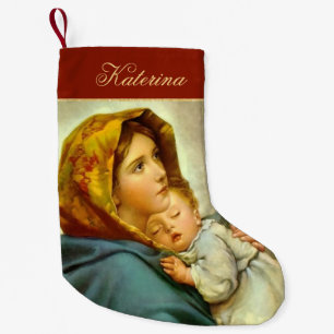Petite Chaussette De Noël Vierge traditionnelle rouge et or et enfant religi