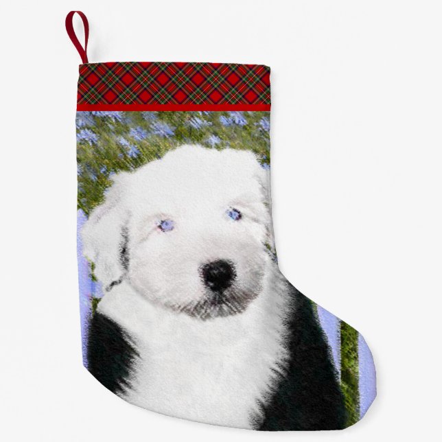 Petite Chaussette De Noël Vieux anglais Sheepdog Puppy Peinture - Chien Art (Devant)
