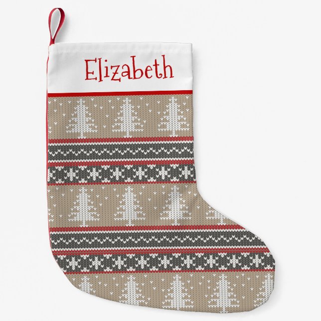 Petite Chaussette De Noël Vilain Motif de Noël Knit Sweat | Tan et rouge (Devant)