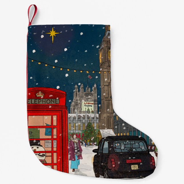 Petite Chaussette De Noël Ville de Noël de Londres d'inspiration rétro (Devant)