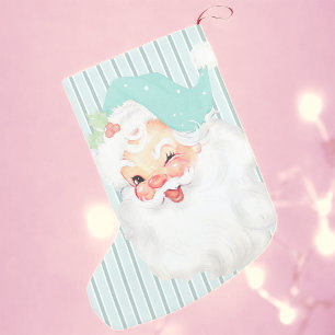 Petite Chaussette De Noël Vintage Aqua Blue Père Noël Wink Noël Stocking