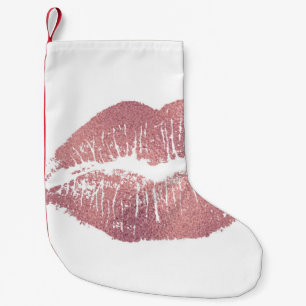 Petite Chaussette De Noël Vintage empreinte de lèvre rose, or rose.