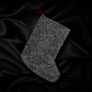 Petite Chaussette De Noël Vintage Fleur de Lis   Black Silver Grunge Damask