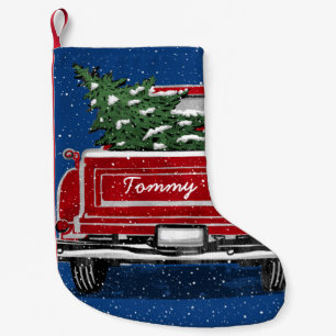 Petite Chaussette De Noël Vintage Red Truck Christmas Tree Nom personnalisé