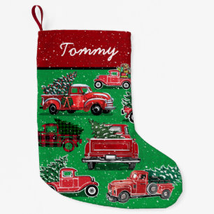 Petite Chaussette De Noël Vintage Red Truck Motif sur Green Add Name