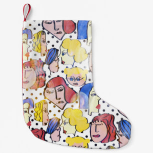 Petite Chaussette De Noël Visages de femme Abstraite, pois d'aquarelle.
