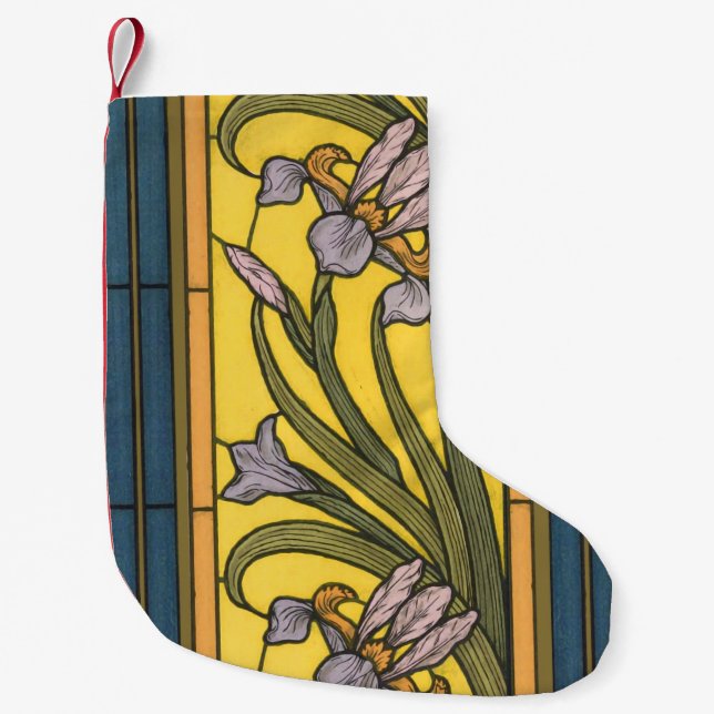 Petite Chaussette De Noël Vitrail Art Nouveau Fleur d'Iris Bleu Or (Devant)