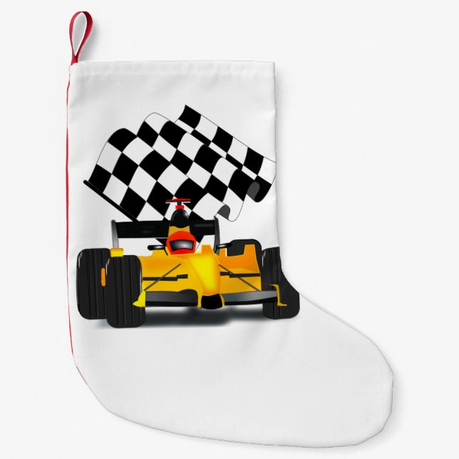 Petite Chaussette De Noël Voiture de course jaune avec drapeau À damiers (Devant)