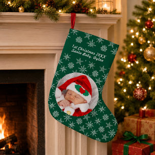Petite Chaussette De Noël Votre photo Santa Baby flocon de neige et fond ver
