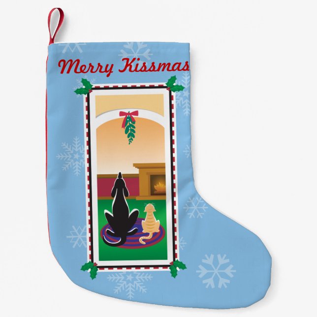 Petite Chaussette De Noël WagsToWish®_Pets sous mistletoe_Merry Kissmas (Devant)