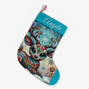 Petite Chaussette De Noël Whimsical Big Eyes Christmas Reindeer Folk Art