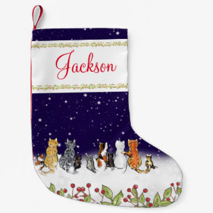Petite Chaussette De Noël Whimsical Pet Cats Bleu foncé Nuit Neige Vacances