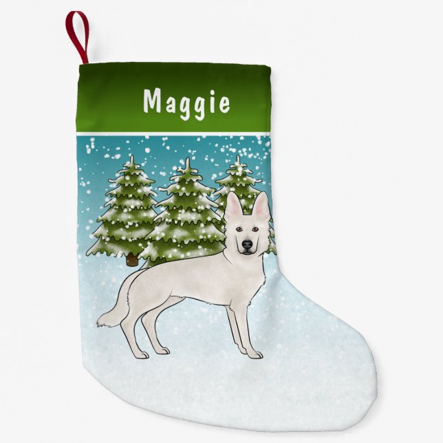 Petite Chaussette De Noël White Swiss Shepherd White GSD Chien Forêt d'hiver (Devant)