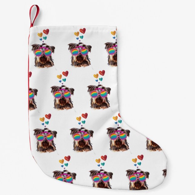 Petite Chaussette De Noël Yorkie Chien avec Coeurs Saint-Valentin (Devant)
