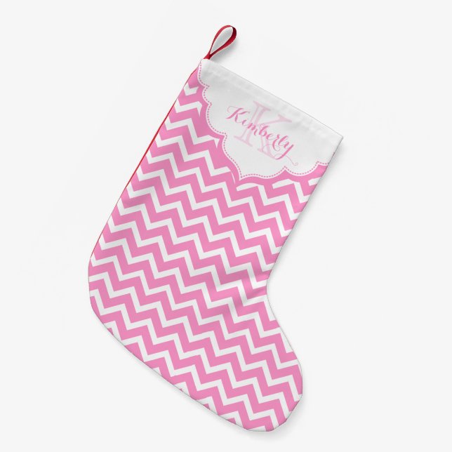 Petite Chaussette De Noël Zigzag rose et blanc monogramme Chevron (Devant (Accrochage))