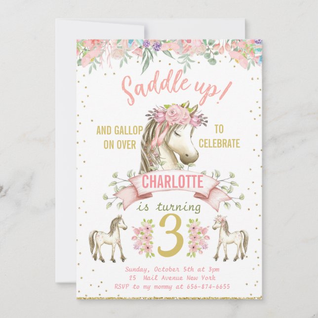 Petite Cheval Pony Cowgirl Anniversaire Invitation (Devant)