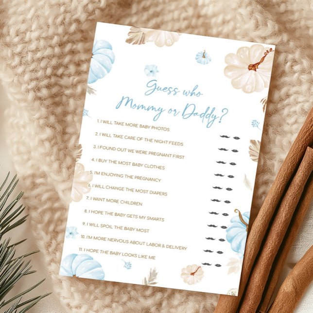 Petite Citrouille Douce Bleue Devinez Maman ou Pap (Boy Sweet Little Pumpkin Fall Baby Shower Guess Who Mommy or Daddy Game)