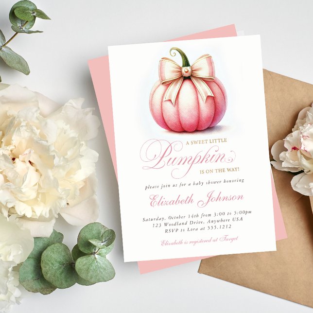 Petite Citrouille rose douce Invitation Baby showe (Celebrate your little one with our Sweet Little Pink Pumpkin Baby Shower Invitation. )