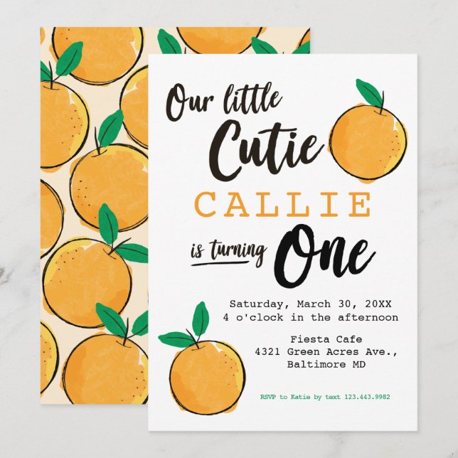 Petite Cutie Orange Première Invitation Anniversai (Devant / Derrière)