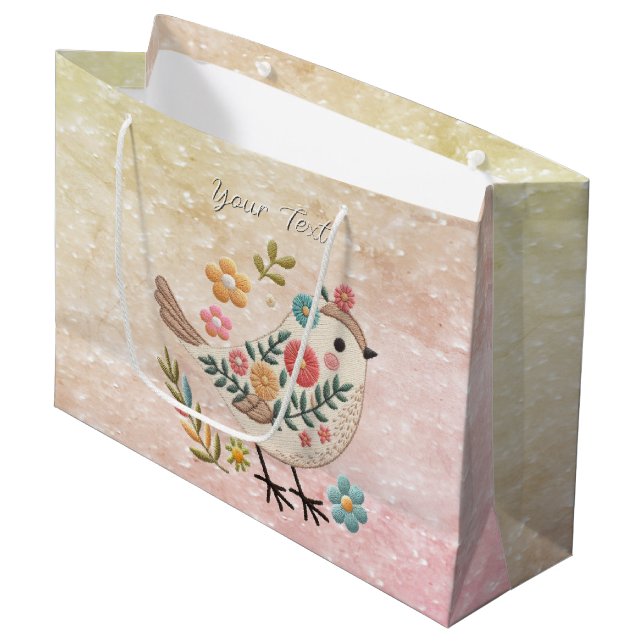 Petite Feuille Fleurs d'oiseaux Sac cadeau rose (Devant Angle)