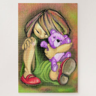 Petite Fille Aime Jouet Violet Ours Puzzle Peintur
