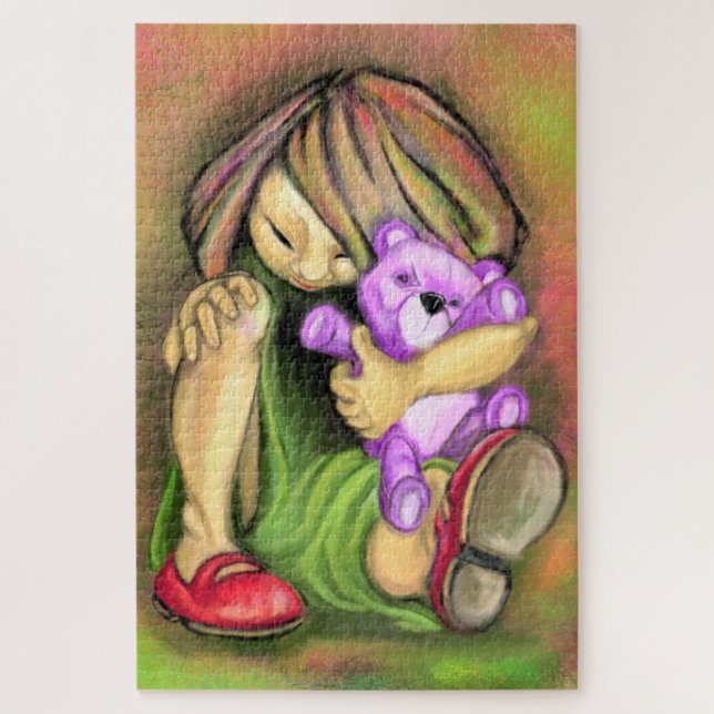 Petite Fille Aime Jouet Violet Ours Puzzle Peintur (Vertical)