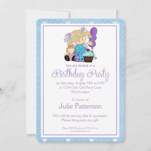 Petite Fille Anniversaire Invitation Fête Bleu 2 (Devant)