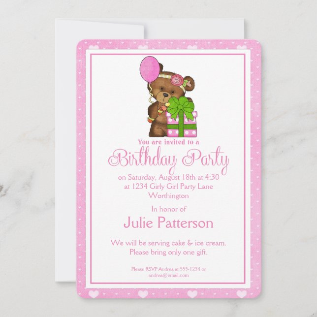Petite Fille Anniversaire Invitation Fille Ours 1 (Devant)