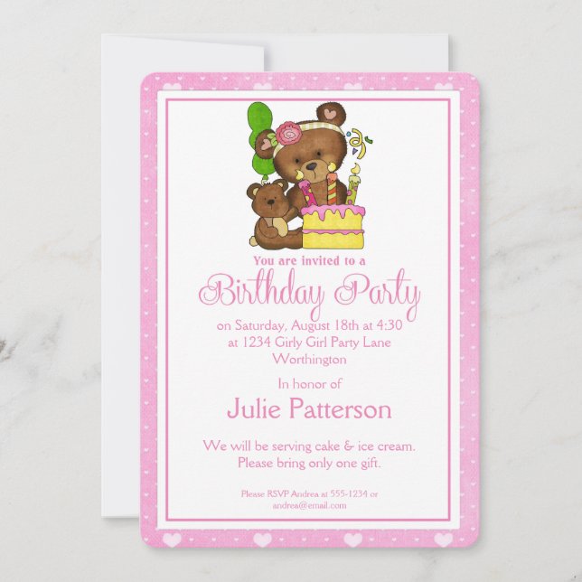 Petite Fille Anniversaire Invitation Fille Ourse 3 (Devant)