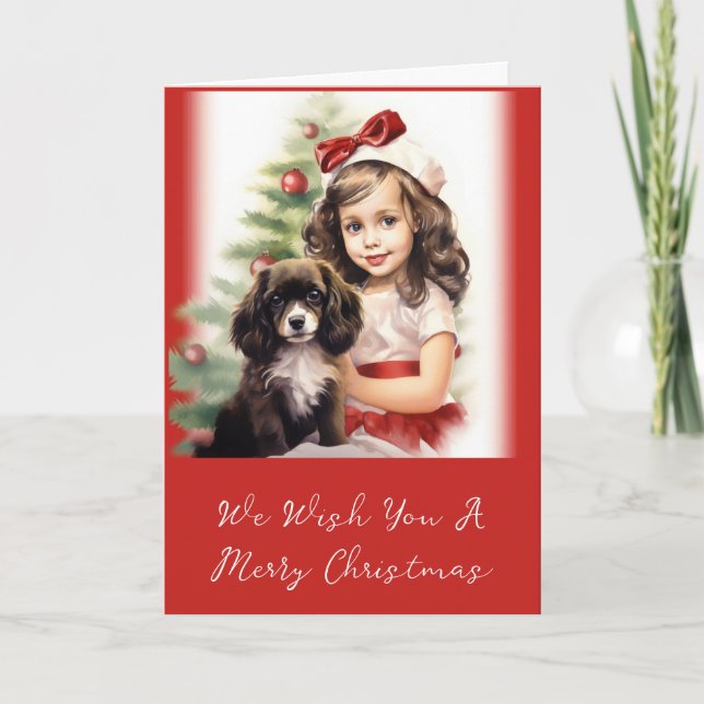 Petite fille avec chiot photo carte de Noël (Devant)