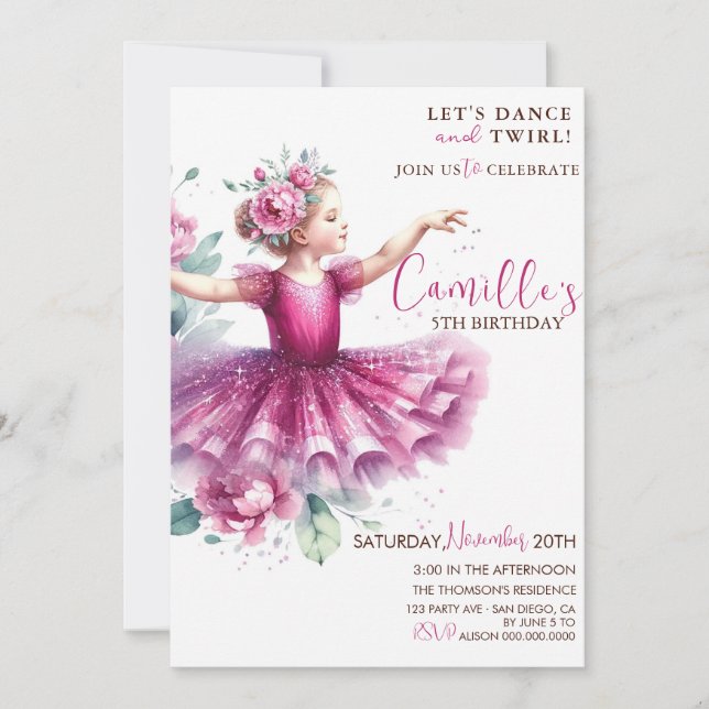 Petite fille Ballerina fête florale invitation (Devant)