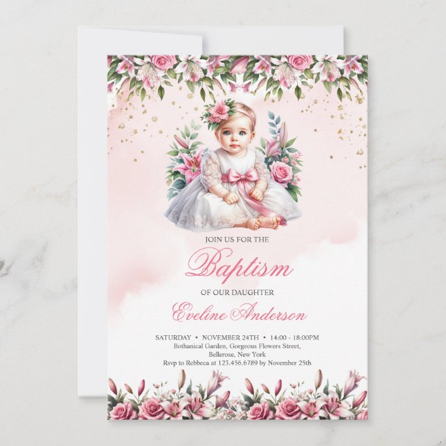Petite fille blush rose floral invitation Baptême (Devant)