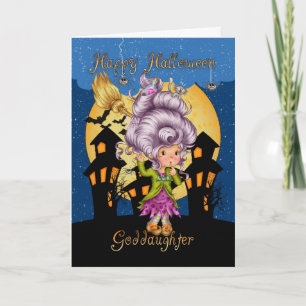 petite fille carte halloween avec jolie sorcière