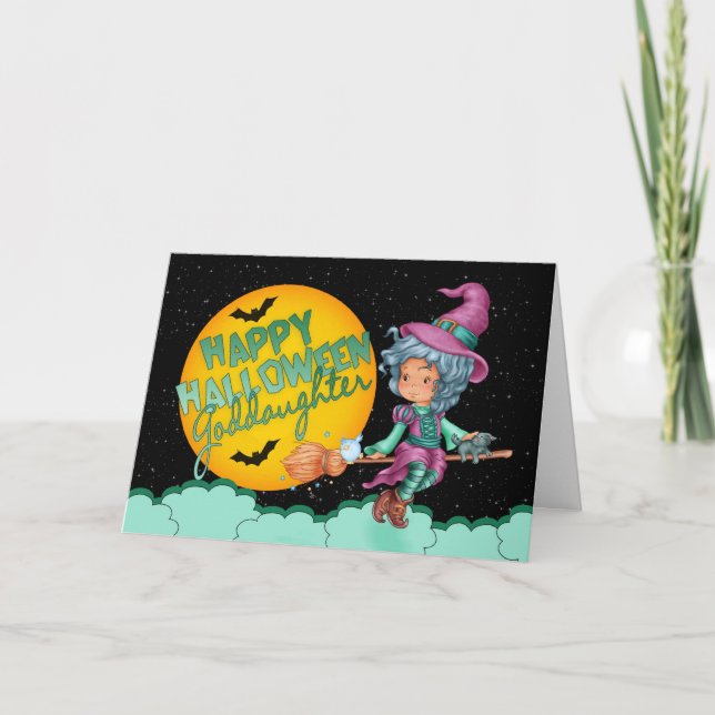 petite fille carte halloween avec jolie sorcière (Devant)