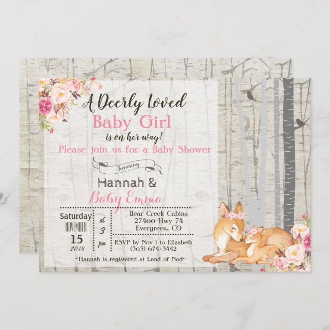 Petite fille cerf Invitation Baby shower floral (Devant / Derrière)