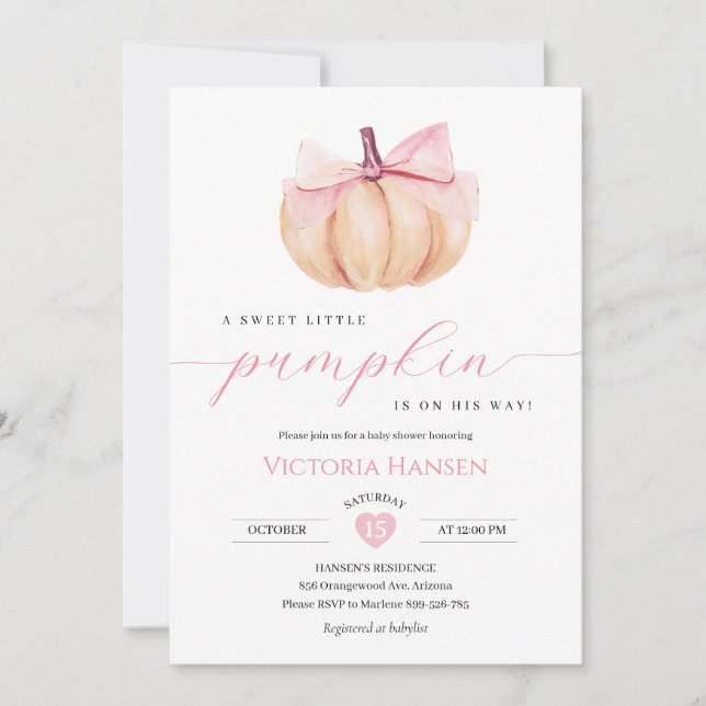 Petite fille Citrouille Baby shower Invitation Bow (Devant)