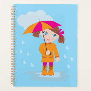 Petite Fille en Manteau Orange avec Parapluie Rose