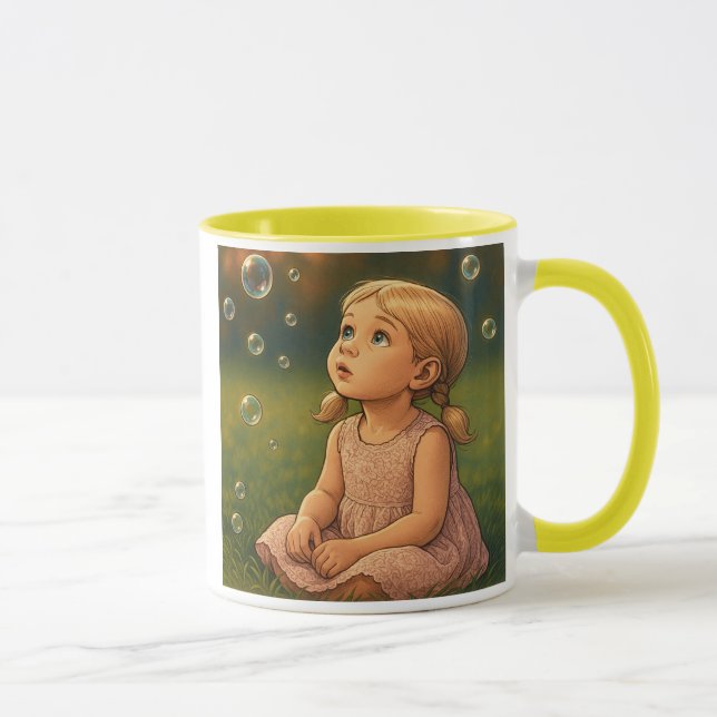 Petite fille et bulles. Mug doux et poétique. (Droite)