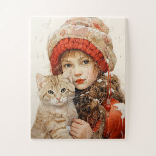 PETITE FILLE ET CHAT ART JIGSAW PUZZLE