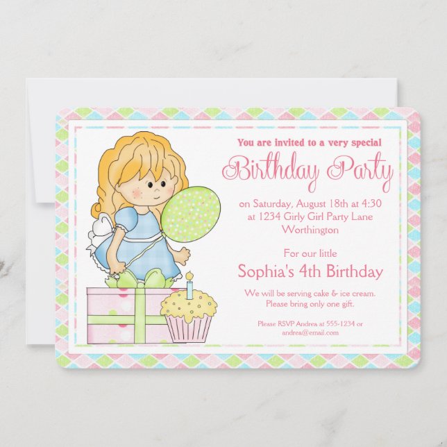 Petite fille Invitation de fête d'anniversaire fil (Devant)