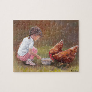 Petite fille nourrir poulets Puzzle d'art original