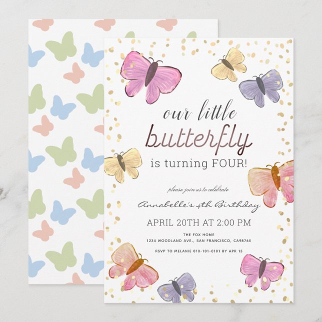 Petite Fille Papillon Invitation Anniversaire (Devant / Derrière)