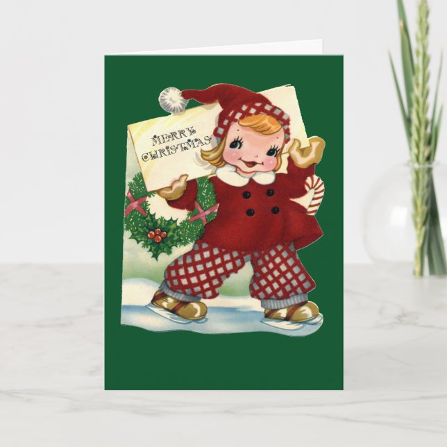 Petite fille patinant - carte de Noël vintage (Devant)