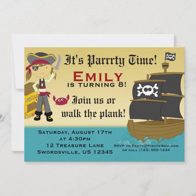 Petite fille Pirate Ship Invitation à la fête d'an (Devant)